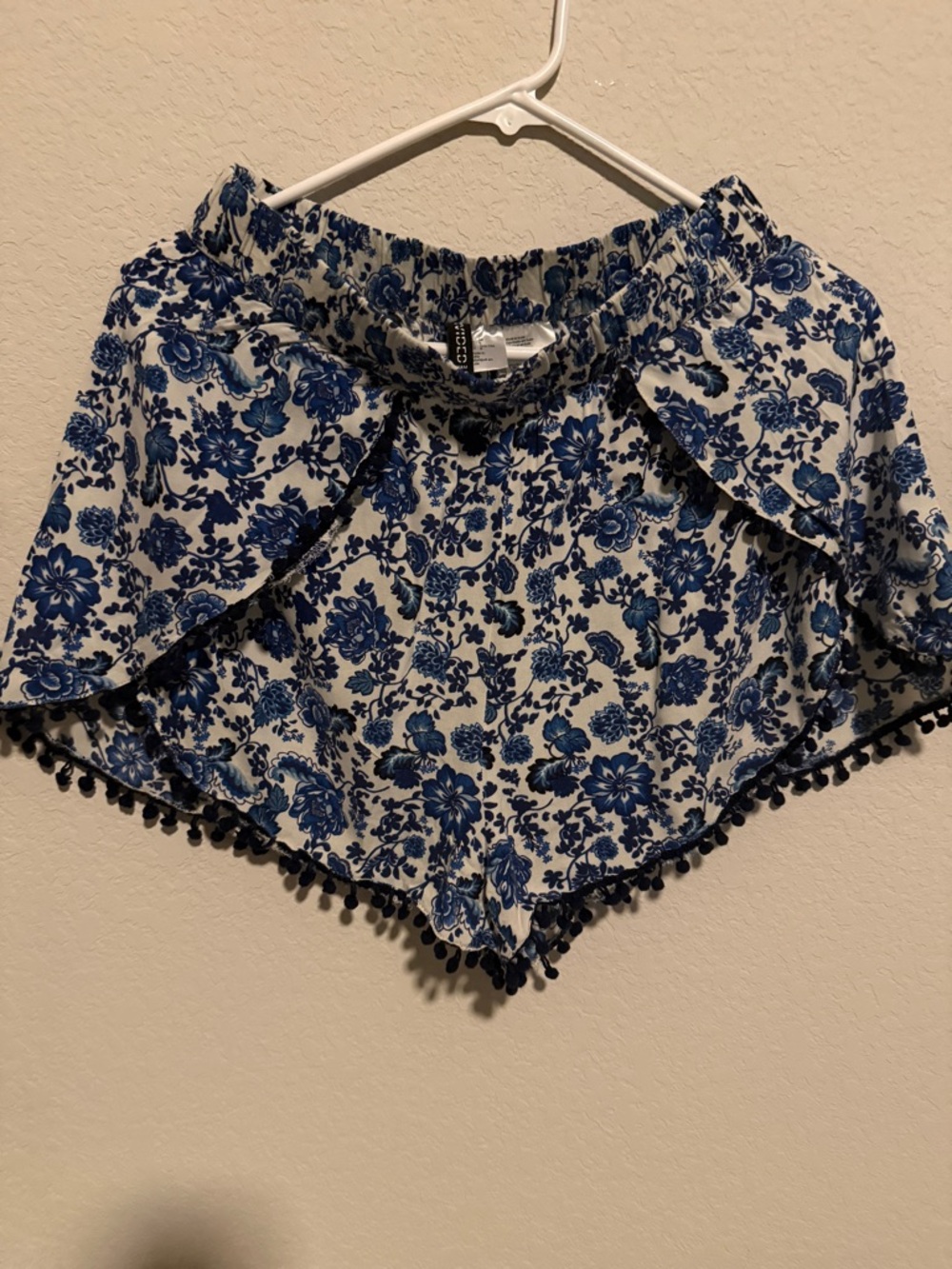 H&M White Shorts with Blue Floral Print and Pom Trim